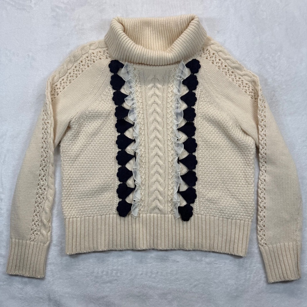 J. Crew Cable Knit Turtleneck Sweater Ruffle Trim Wool Blend XS